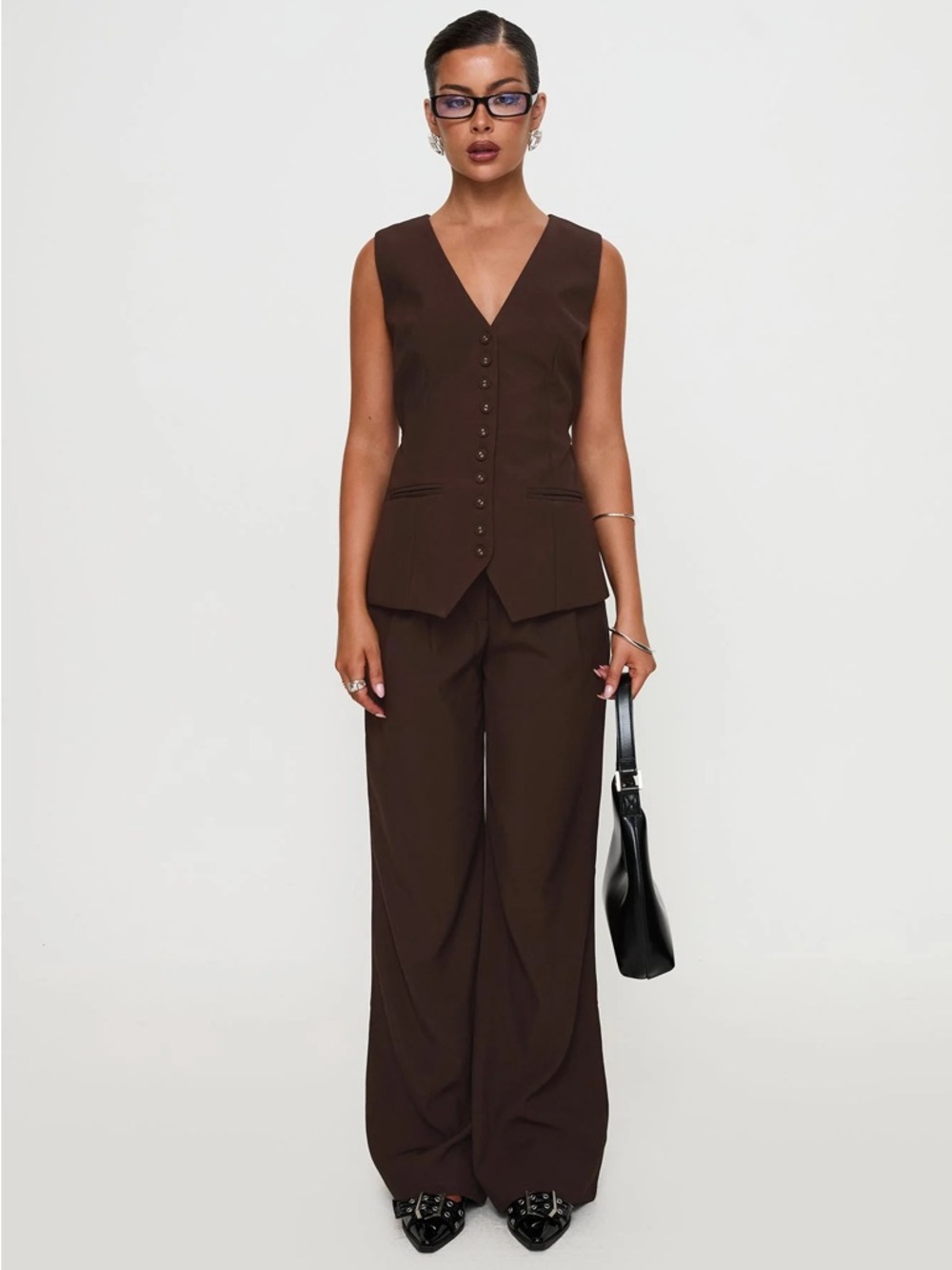 Princess Polly Brown Tailored Vest & Wide-Leg Pants Set - US10